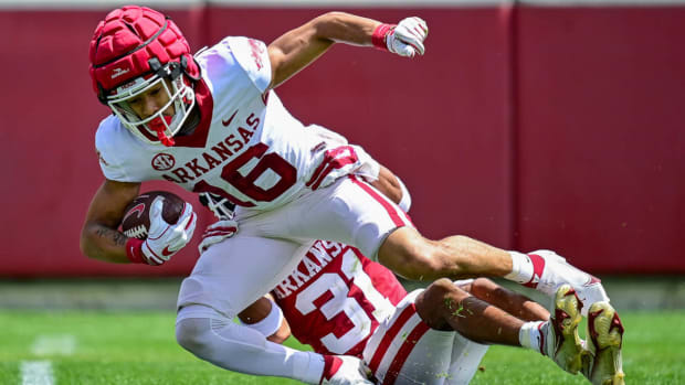 Razorbacks wide receiver Isaiah Sategna during last spring practice Saturday inside Razorback Stadium.